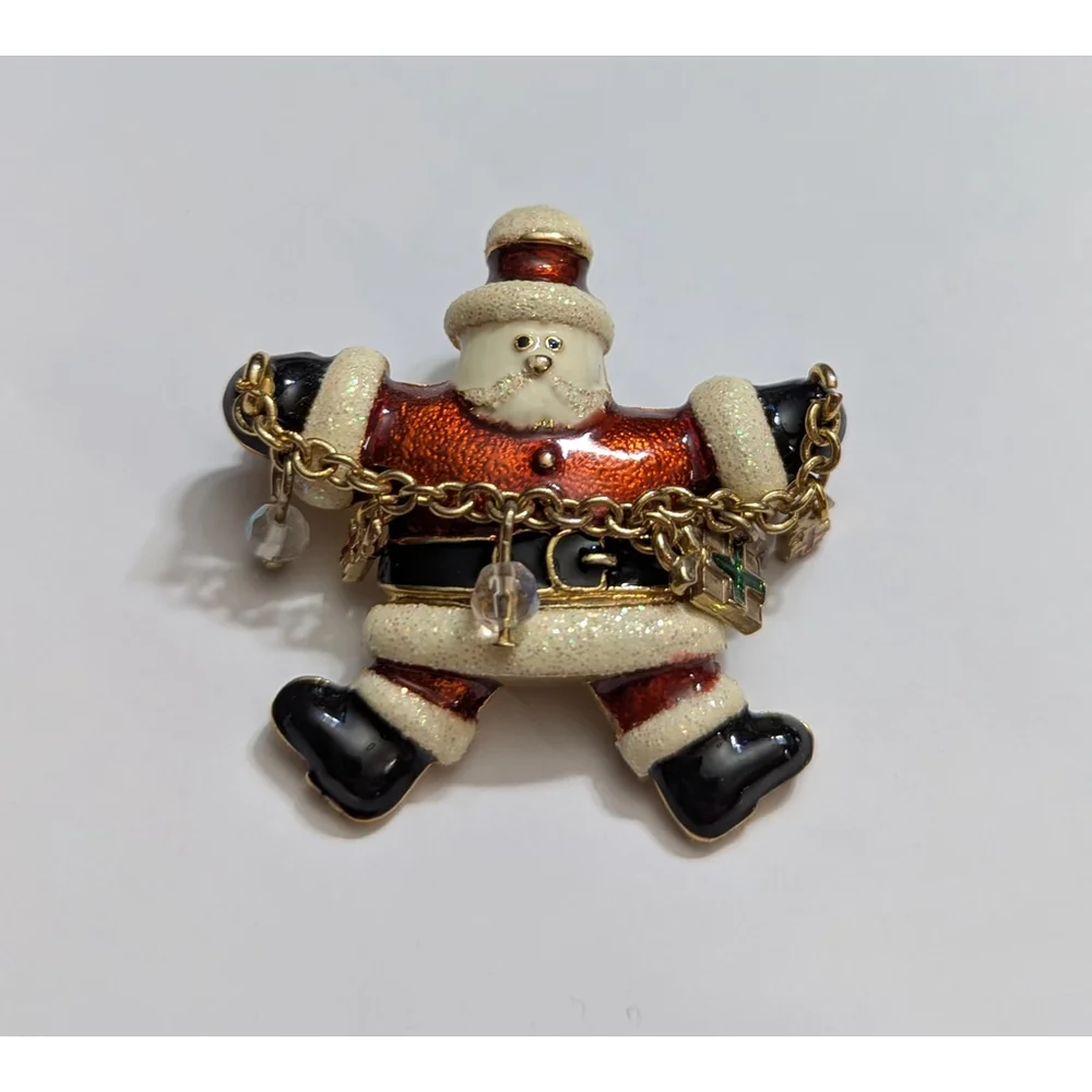 Vintage Santa Claus Enamel Brooch Pin Christmas Holiday Gold Chain Dangle Charms